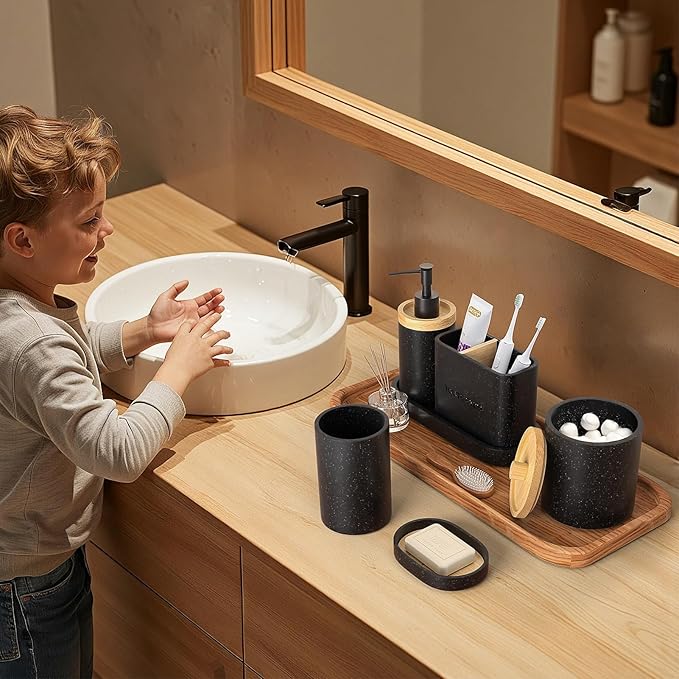 20PC Black Modern Bathroom Accessories Set with Shower Curtain, Toothbrush Holders, Soap Dispenser, Vanity Tray, Cotton Swab Jars, Bathroom Decor Organizer