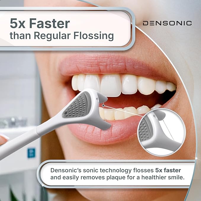Electric Flosser Kit with Tongue Scraper | No Water, No Mess | Easy Gliding Dental Floss for Gentle Gum Care | Cordless Sonic Power | 50 Replaceable Heads [Celeste Blue]
