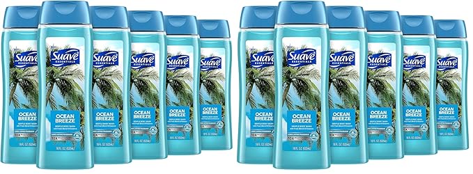 Suave Moisturizing Body Wash, with Ocean Breeze Scent and Vitamin E Extract, No Parabens, No Phtahaltes, 18 Oz, (Pack of 12)