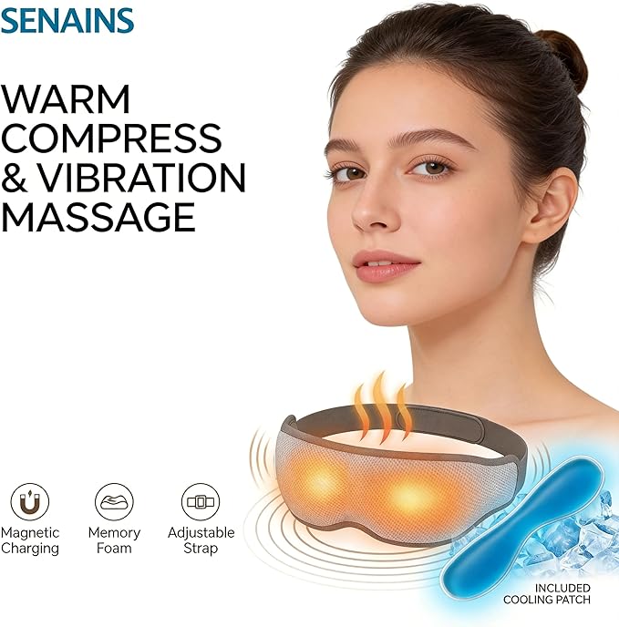 SENAINS Cordless Heated Eye Mask with Vibration - 3D Contoured Warm Compress for Dry Eyes, Migraine & Stye Relief - Electric Sleep Mask with Cold Gel Pack, Magnetic Charging, Auto-Off (Gray)