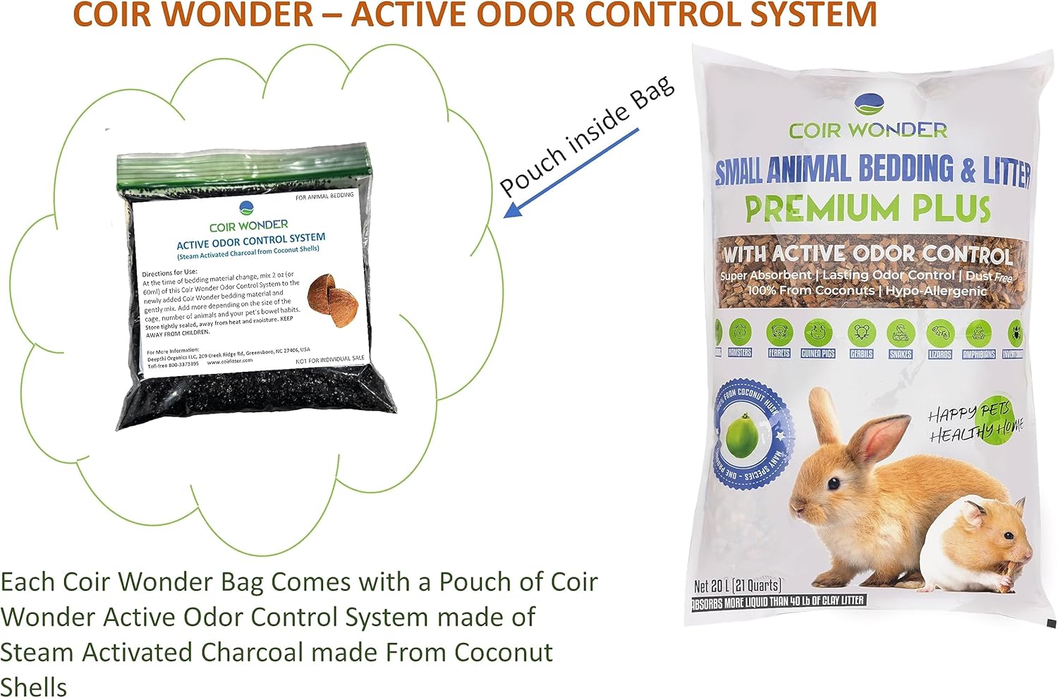 Small Animal Bedding – 20 Liter – Natural Coco Chip Substrate with Activated Charcoal Odor Control – for Chicken Coop, Rabbit Cage, Hamster Habitat, Reptile Terrarium & Snake Tank