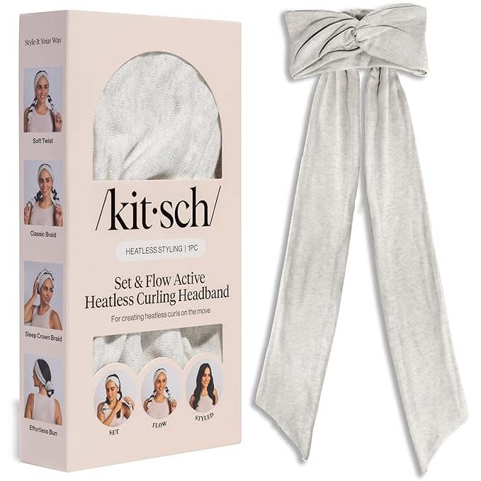 Kitsch Set & Flow Active Heatless Curling Headband For Women – Achieves Heatless Curls Overnight, No Heat Damage | Heatless Curlers with Flexible Fit | Great During Gym, Travel - Heather Gray, 1pc