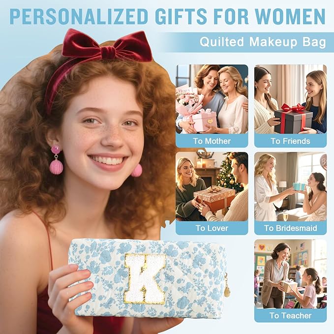 Personalized Quilted Cosmetic Bag, Puffy Monogrammed Christmas Birthday Gifts for Women & Girls, Cute initial Floral Makeup Bag Puffer Coquette Bag, Aesthetic Travel Toiletry Zipper Pouch(Blue,K)