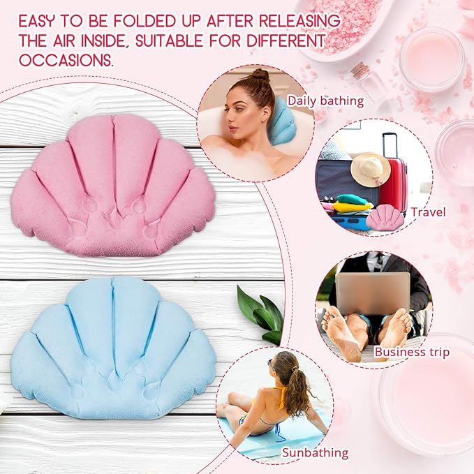 3 Pieces Inflatable Bath Pillow with Suction Cups, Terry Cloth Covered Shell Shape Bathtub Spa Pillow Comfortable Soft Cushion, Neck Support(Pink, Green, White)
