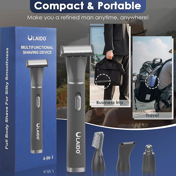 Body Hair Trimmer for Men, 4 in 1 Versatile Trimmer Shavers for Groin/Ball/Beard/Eyebrow/Nose/Ear Hair Shaver, USB-C Electric Pubic Hair Trimmer for Smooth Shaving with Storage Bag