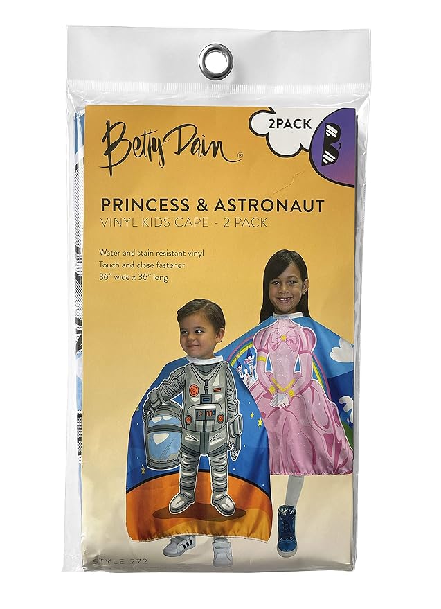 Betty Dain (2-Pack Princess & Astronaut Vinyl Kid's Capes - 36" W x 36" L - Water and Stain Resistant Vinyl, Machine Washable, Touch and Close Fastener, Perfect Size for Children