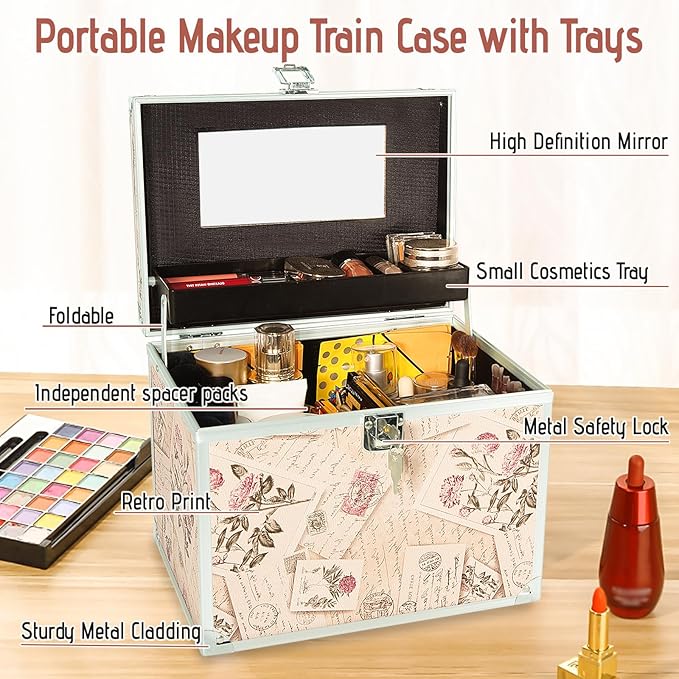VNIMTI Makeup Train Case, Portable Makeup Box with Mirror, Cosmetic Storage Box for Women with Trays, Makeup Box Organizer (Vintage Stamp - Box -Size L)