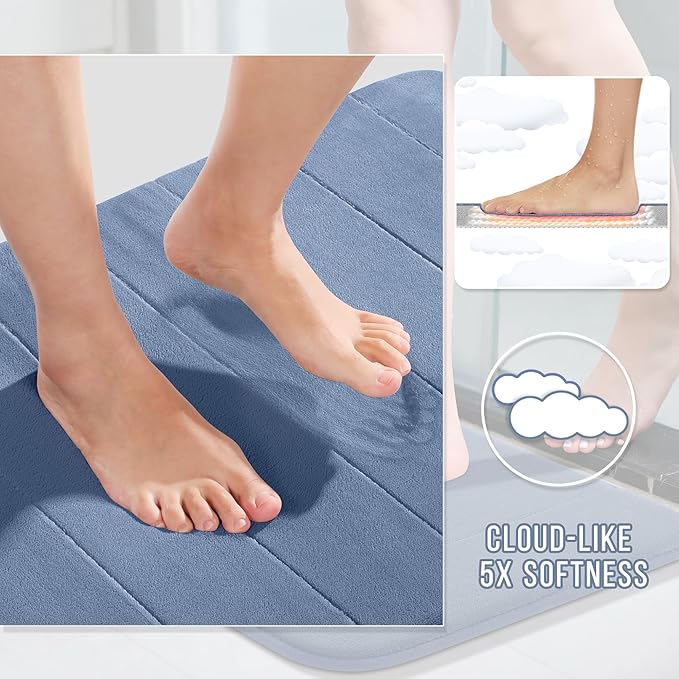 Yimobra Large Bath Mat Set 2 Piece- Super Soft Absorbent Quick Dry Memory Foam Bathroom Rugs, Machine Washable Non Slip Floor Carpet for Tub Shower & Double Vanity (17x24 & 44x24, Denim Blue)