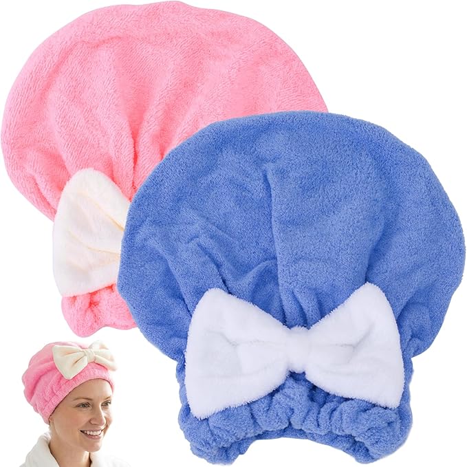 2 Pcs Hair Towel Wrap for Women, Microfiber Quick-Drying Hair Towel, Super Absorbent Soft Towel Wrap for Wet Hair Caps with Bow for Women Bathroom Bag- Pink, Blue
