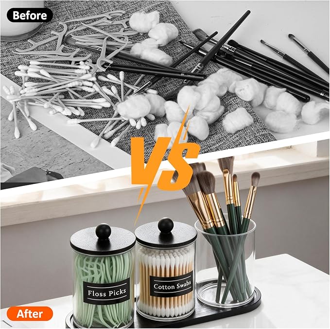 4 Pack 10 oz Acrylic Qtip Holder with Labels Dispenser- Bathroom Small Clear Plastic Canister Apothecary Jar Set Essentials Accessories Decor, Vanity Storage Organizer
