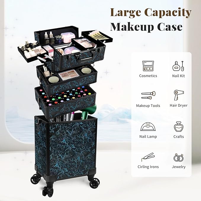 Profesional Rolling Makeup Train Case with Lid, 5 in 1 Cosmetology Case on Wheels, Large Cosmetic Trolley Organizer Travel for Hairstylist Artist Nail Beauty Salon Barber, Blue