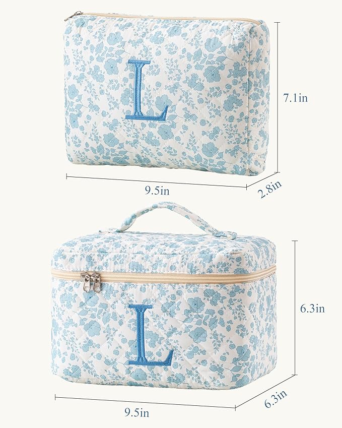 HBselect 2Pcs Initial Quilted Cotton Large Travel Cute Floral Coquette Makeup Cosmetic Toiletry Bag for Women Girls