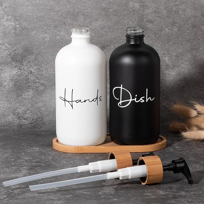 17 oz Hand Soap Dispenser Empty Glass Lotion Pump Bottles, Refillable Liquid Dish Soap Bottles for Bathroom, Kitchen Sink, Black + White, 2 Pack