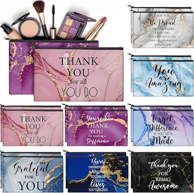 Yahenda 16 Pcs Canvas Makeup Bags Bulk for Women Inspirational Cosmetic Zipper Pencil Pouch Travel Toiletry Bag for Birthday Mother's Day Nurse Gifts(Marble)