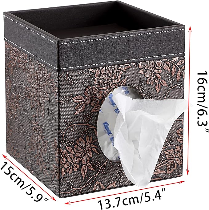 Sumnacon Leather Square Tissue Box Cover - Decorative Cube Tissue Box Holder with Tray, Stylish Facial Tissue Holder for Bathroom Vanity Dresser Table Home Office Bar, Brown Flower