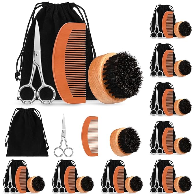 Maitys 10 Sets Beard Brush and Comb Set Bulk Boar Bristle Beard Brush Comb Scissors Kit Gifts for Men Father Colleague Employee Appreciation(Round)