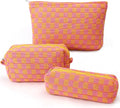 EIMMBD Makeup Bag 3 Pieces Large Capacity Checkered Cosmetic Bags Travel Toiletry Bag Organizer Cute Makeup Pouch Storage for Women(Orange & Pink)