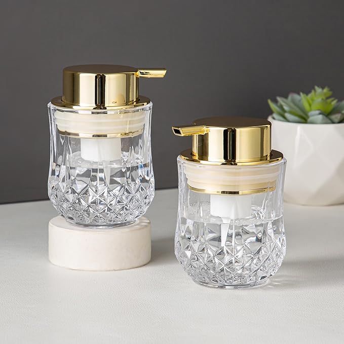 Glass Foam Soap Dispenser Set - 2 Pack Bathroom Hand Soap Dispensers,Refillable Dish Soap Dispenser for Gold Pump,Modern Home Soap Dispenser for Bathroom,Kitchen (Clear/Gold Poam Pump/2Pack)