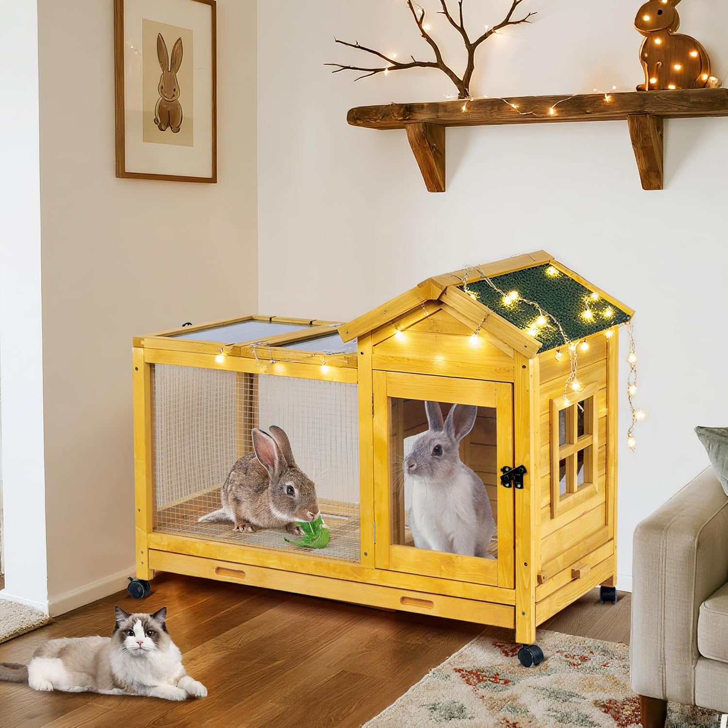 Wooden Rabbit Hutch with Waterproof Roof,Outdoor/Indoor Bunny Cage with Removable Slide-Out Bottom Tray, Chewproof Rabbit cage for Small-Medium Animals (Guinea Pigs, Hedgehogs)