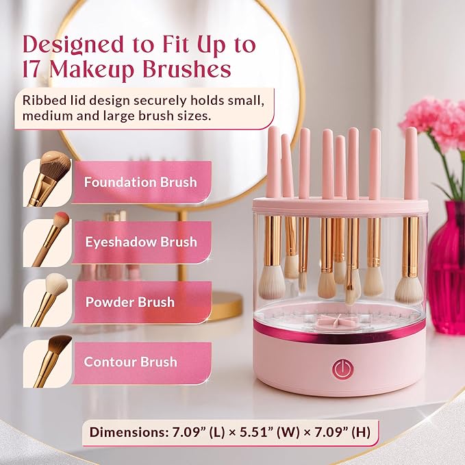 360° Electric Makeup Brush Cleaner - Dual Spin Makeup Brush Cleaning Machine, Holds 17 Brushes, Portable and Compact Design for Travel & Home Use, Perfect Brush Cleaner for Makeup Professionals