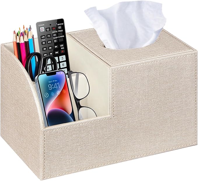 PU Leather Square Tissue Box Cover - Multi-Functional Tissue Box Holder, Tissue Box Cover with Storage ,Tissue and Remote Control Holder, Cube Tissue Box Organizer Bedroom Nightstand End Table