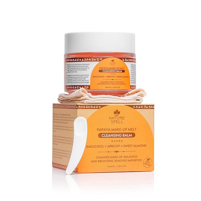 Nature Spell Papaya Cleansing Balm, Gently Removes Makeup & Hydrates Skin, Infused with Bakuchiol & Apricot, Vegan, For All Skin Types, 3.38 Fl Oz