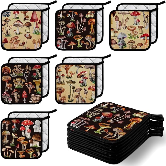 Bencailor 12 Pcs Pot Holders with Pocket Kitchen Hot Potholders Hot Pad Oven Mitts Cookie Bag Oven Gloves for Kitchen Gift Baking Cooking(Black,Mushroom)