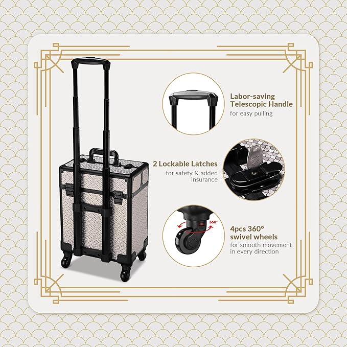 BYOOTIQUE Rolling Makeup Train Case on Wheels 3-Piece Hairdressing Brush Bags Cosmetology Art Deco Graphite