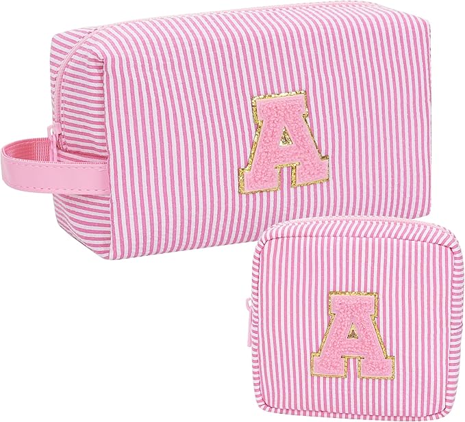 MONSTINA Easter Basket Gifts for Teens,Initial Makeup Bag,Monogram Pouch Personalized Cosmetic Bag for Girls&Women,Cute Letter Make Up Bag, Pink A