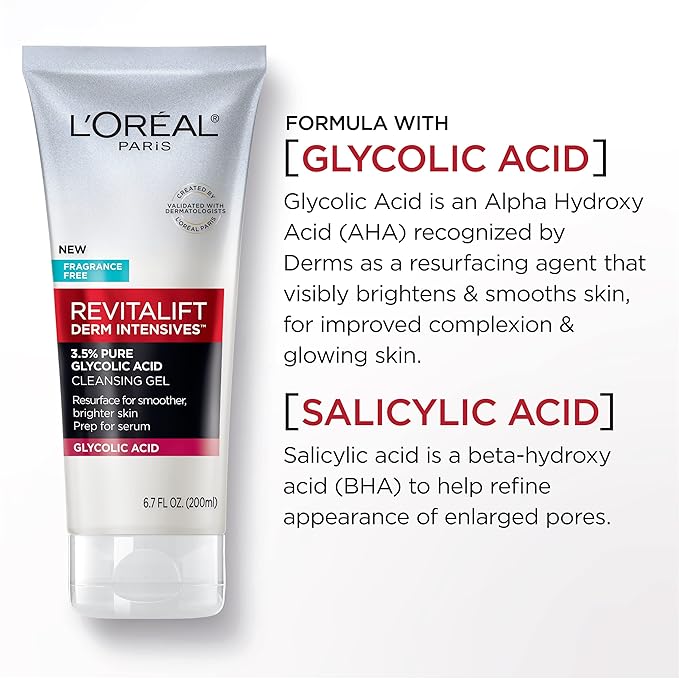 L'Oreal Paris Revitalift 3.5% Pure Glycolic Acid Brightening Cleansing Gel wth Salicylic Acid 6.7 fl oz,(Pack of 2)