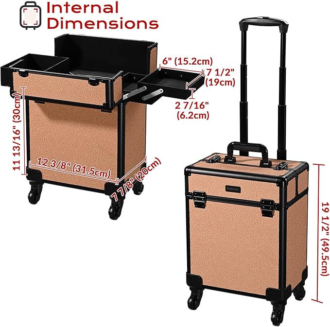 BYOOTIQUE Cosmetology Rolling Case 3-Piece Nail Tech Storage Cart Kit Makeup Torrley Travel Barber Suitcase False Eyelash Storage for Beauty Studio Nail Salon Manicurist,Rococo Coral