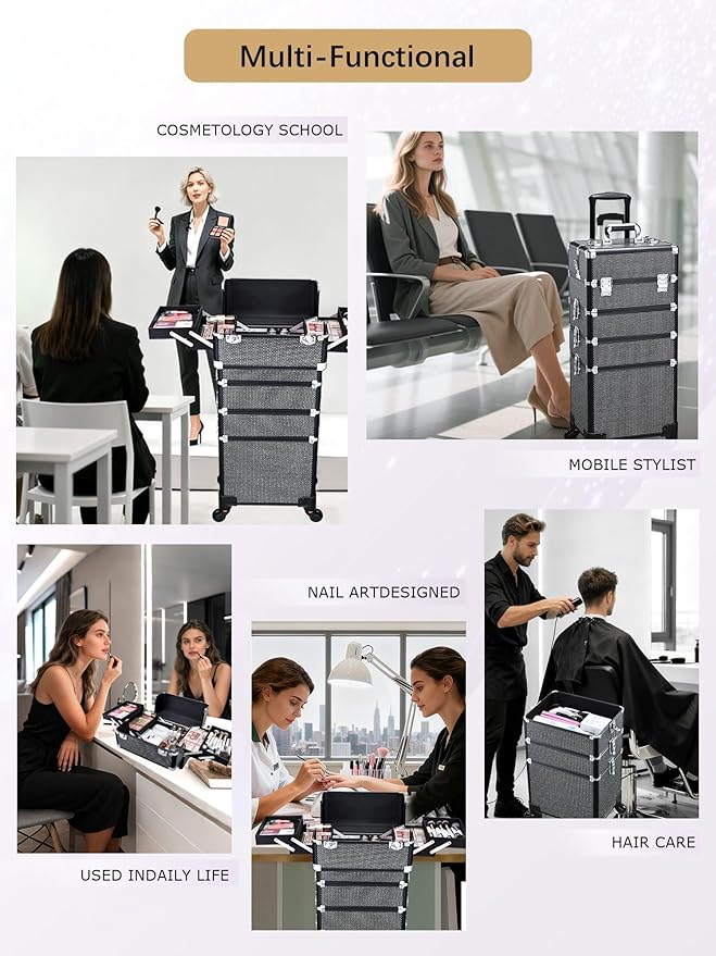 Costravio 5 in 1 Rolling Makeup Case on Wheels Large Cosmetology Case Organizer Beauty Cosmetic Train Case Travel Nail Cart for Make-up Studio Hair Salon, Black Rhinestone