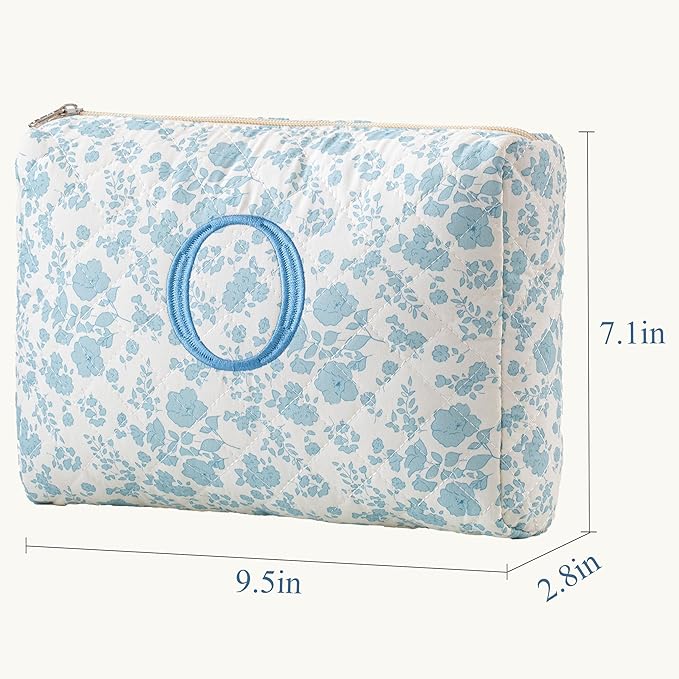 HBselect Initial Quilted Makeup Bag, Cotton Large Travel Makeup Bag, Cute Floral Coquette Make up Bag Cosmetic Bag Toiletry Bag for Women Girls O