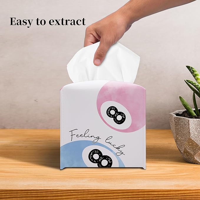 Grace Yonks Cute Tissue Box Cover Square - Pink & Blue 8 Ball “Feeling Lucky” Design 5.2" PU Leather Holder for Vanity, Desk, or Bathroom Counter - Cube Case for Facial Tissues(004)
