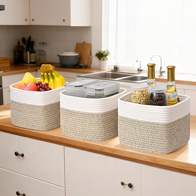 3 Pack Cube Storage Bin, 9”x9”x7” Cotton Rope Woven Baskets for Organizing Toys Clothes Towels, Square Gift Storage Baskets for Shelf, Nursery, Closet, Bathroom, Pantry (White & Jute)