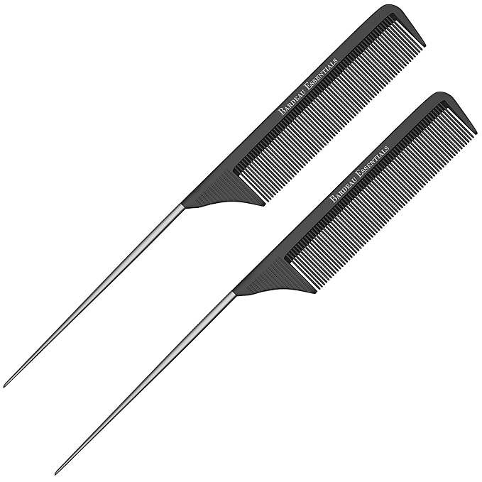 Professional 8.8 Inch Tail Comb (2 Pack) - Black Carbon Fiber And Stainless Steel Tail Comb - Anti Static And Heat Resistant - Lightweight For All Hair Types By Bardeau Essentials