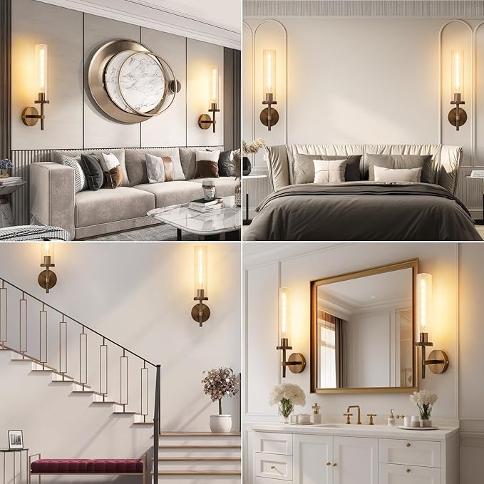 19.5" Knurled Bronze Wall Sconces Set of 2, Bathroom Vanity Light Fixtures with Clear Glass Tube, Modern Lamp Lighting for Bedroom, Living Room, Hallway, Staircase, Mirror, Kitchen