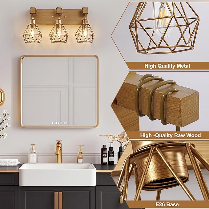 Gold Bathroom Vanity Light Fixtures, 3-Light Gold Bathroom Light Fixtures Over Mirror, Sconces Wall Lighting with Elegant Metal Lampshade for Living Room, Bedroom, Hallway
