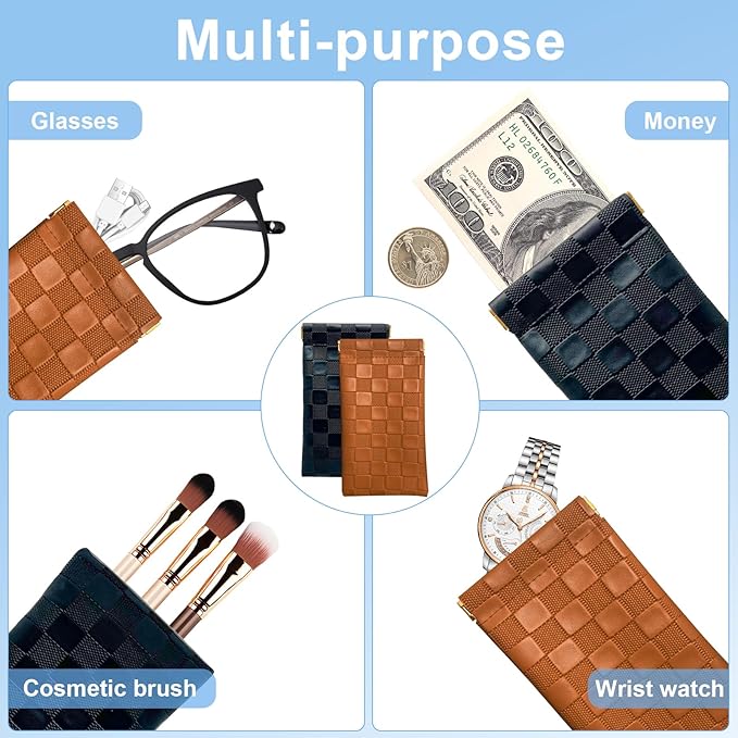 4PCS Small Makeup Bag for Purse, Mini Leather Pocket Cosmetic Bag for Women, Waterproof Portable Makeup Pouch No Zipper Coin Purse Lipstick Bag Accessories, Checkered Travel Storage Bag(Black, Brown)