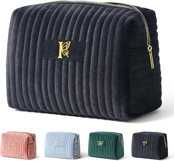 COSHAYSOO Travel Makeup Bag Quilted Make Up Pouch Initial Velvet Cosmetic Case with Butterfly Decorations for Women Cheerleader Volunteer Boss Lady Office Administrator Counselor Gifts Black Letter I