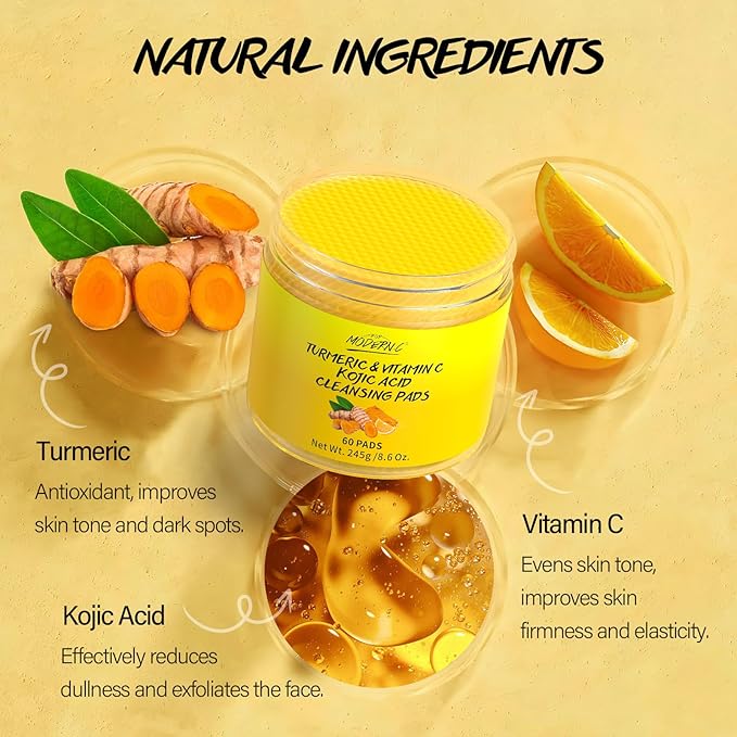 Turmeric Kojic Acid Cleansing Pads for Face 60 Pcs Turmeric Face Scrub for Dark Spots Vitamin C Exfoliating Pads Even Out Skin Tone with Exfoliating Cotton Rounds