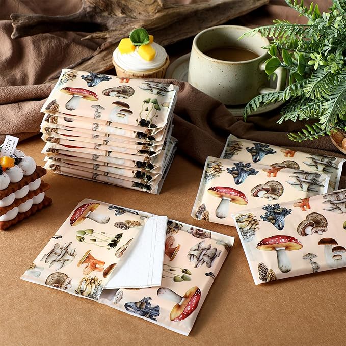 Geyee 50 Packs Tissue Travel Size Facial Paper Napkins Travel Packs Disposable Pocket Tissues for Wedding Guest Traveling School Purse Home Supplies, 500 Sheets 3 Ply(Mushroom)