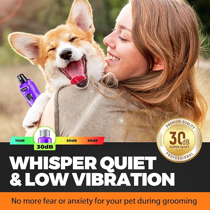 Whisper Quiet Dog Nail Grinder with LED Light, Safe & Stress-Free for Sensitive Dogs of All Breeds & Sizes, 3 Grinding Bits, 3-Speed, Pet Nail Trimmers, Rechargeable Painless Grooming Kit Purple