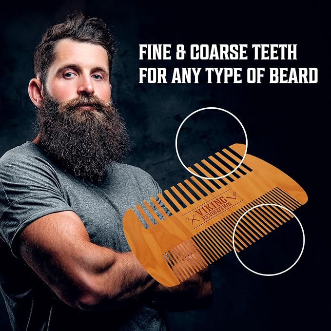 Viking Revolution Wooden Beard Comb & Case, Dual Action Fine & Coarse Teeth, Perfect for use with Balms and Oils, Top Pocket Comb for Beards & Mustaches (2 Pack)