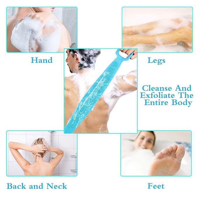 Silicone Back Scrubber Belt (28 inch) Blue – Extra Long-Double-Sided Bath Scrub Strap Gently Massages and Exfoliates Skin - Shower Back Scrubber - Back Washer for Shower Men & Women - Back Exfoliator