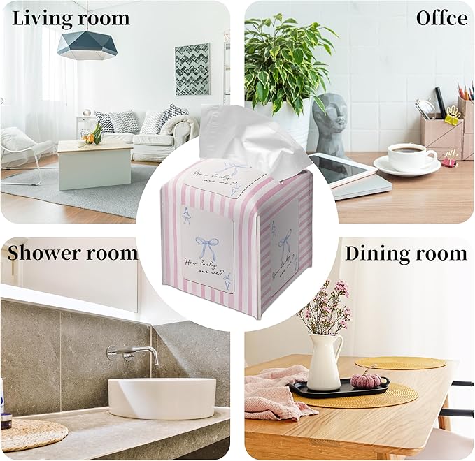 Grace Yonks Cute Tissue Box Cover Square - Ace of Hearts-Inspired Bow Design 5.2" PU Leather Holder for Vanity, Desk, or Bathroom Counter - Cube Case for Facial Tissues(003)