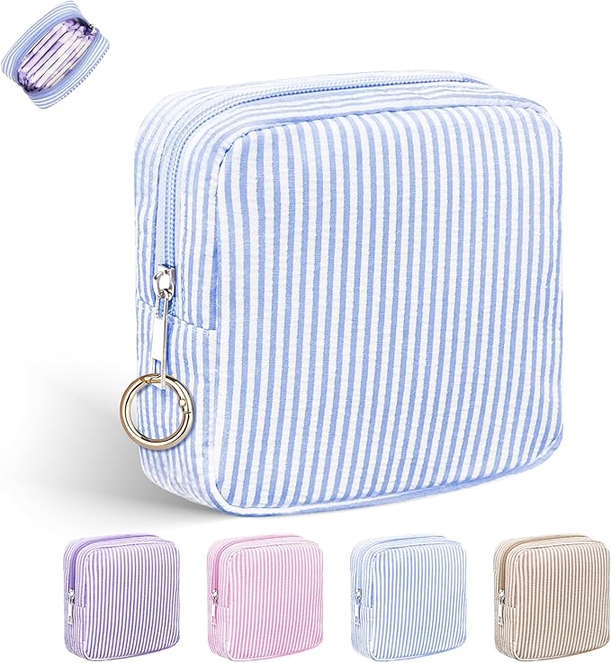 Period Bag for Teen Girls, Colorful Lines Sanitary Napkin Storage Bag, Menstrual Pad Pouches Tampon Holder for Purse (Blue)