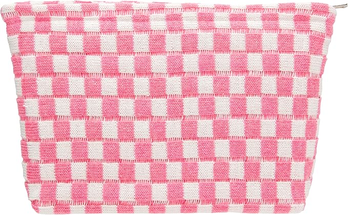 Knitted Checkered Makeup Bag Large Zipper Make Up Accessory Pouch for Purse Cosmetic Brush Bag for Travel Essential Pink White