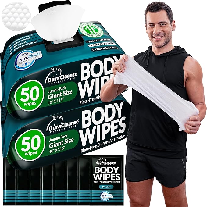 Body Wipes for Men (2pk) - 100 XL No Rinse Shower Sheets + 8 Travel Bath Wipes - 10 x 11.5" After Gym Adult Washcloths - Mens Deodorant & Face Towels For Camping Essentials, Survival Gear and Supplies