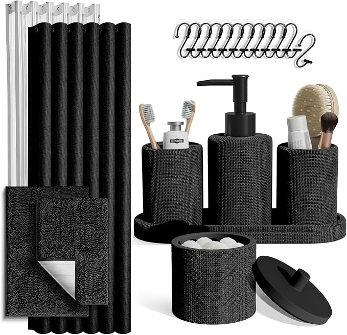 Clara Clark Black Bathroom Set - Bathroom Sets with Shower Curtain and Rugs, 21PC Bathroom Accessory Set, Shower Curtain Set with Soap Dispenser & Toothbrush Holder